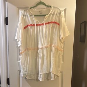 Cato White and Red Flutter Sleeve Tunic